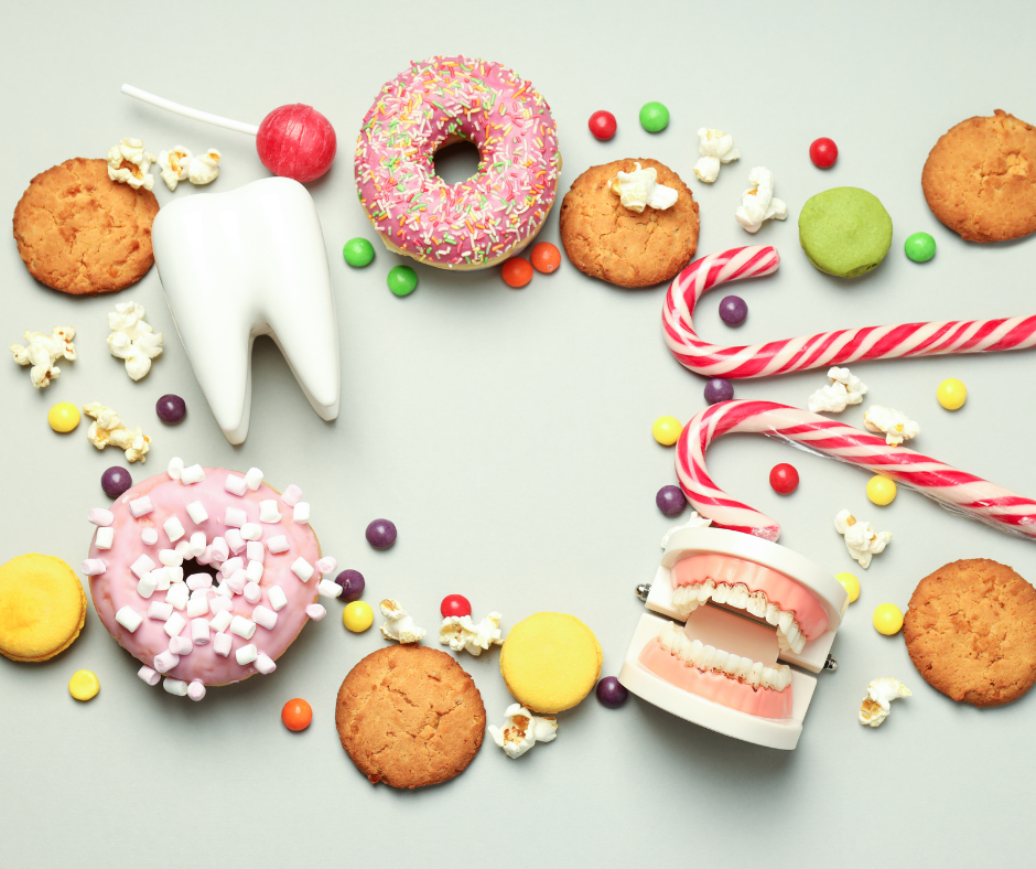 Sugary food items that are bad for your teeth such as donuts, candies, popcorn and chocolates